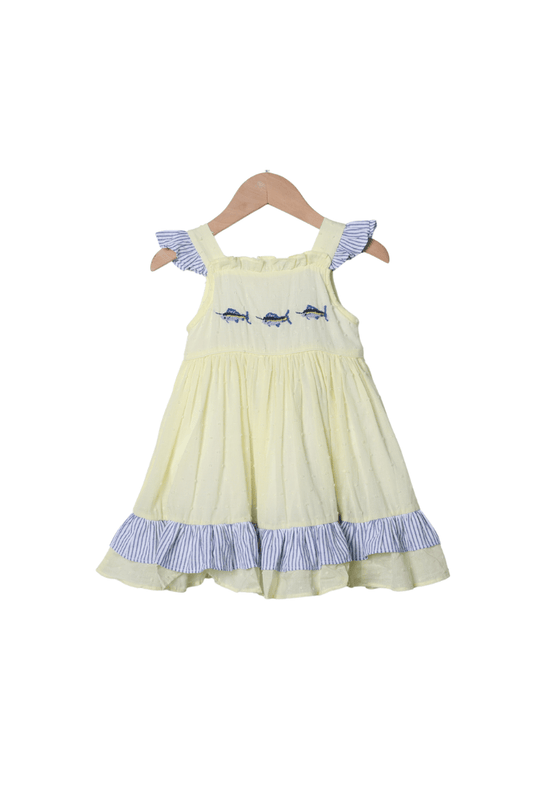 The Smocked Flamingo Apparel & Accessories French Knot Swordfish Yellow/Navy Dress