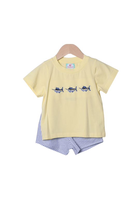 The Smocked Flamingo Apparel & Accessories French Knot Swordfish Yellow/Navy Short Set