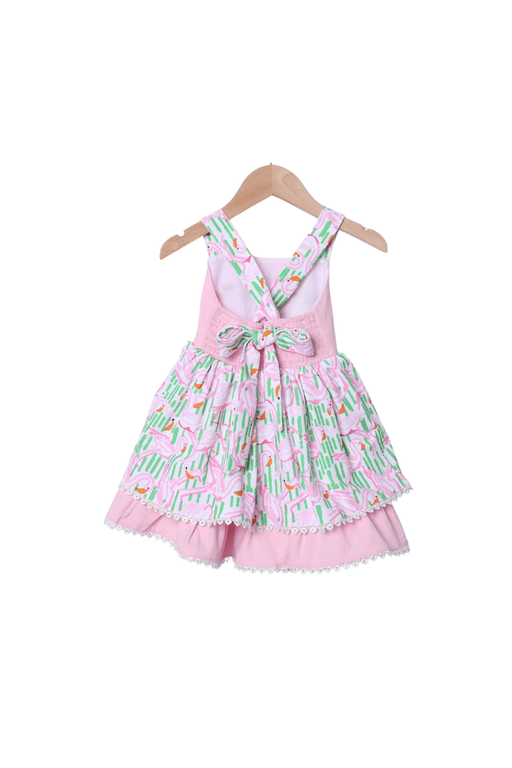 The Smocked Flamingo Apparel & Accessories French Knot Tropical Flamingo Bow Dress