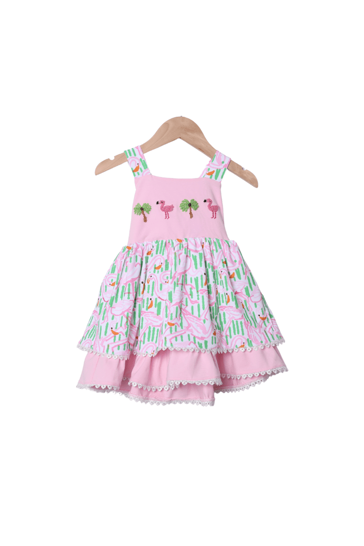 The Smocked Flamingo Apparel & Accessories French Knot Tropical Flamingo Bow Dress