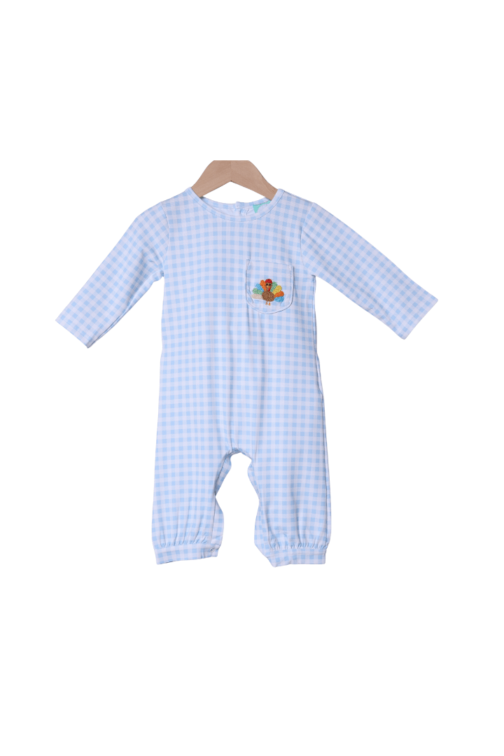 The Smocked Flamingo Apparel & Accessories French Knot Turkey Blue Gingham Romper