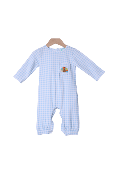 The Smocked Flamingo Apparel & Accessories French Knot Turkey Blue Gingham Romper