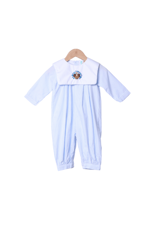 The Smocked Flamingo Apparel & Accessories French Knot Turkey Blue Pin Stripe Romper