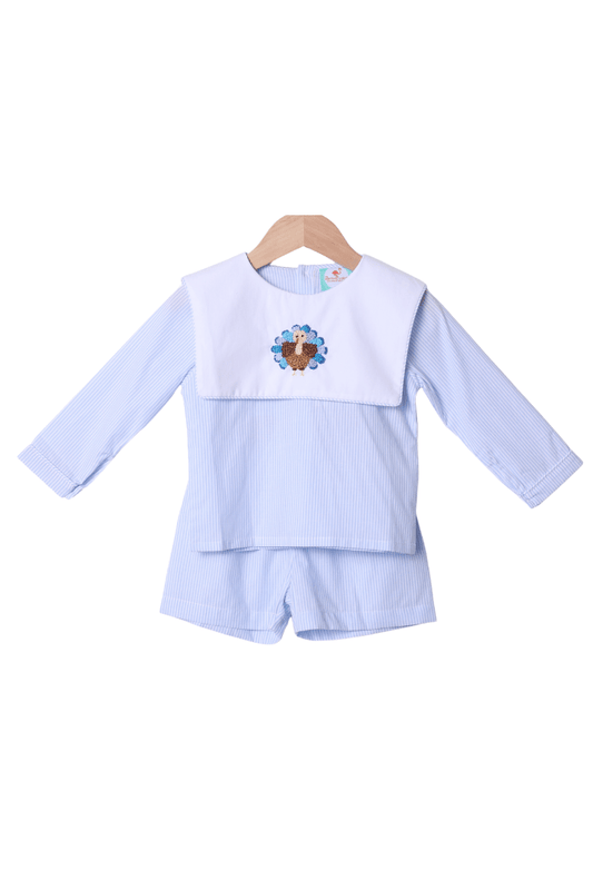 The Smocked Flamingo Apparel & Accessories French Knot Turkey Blue Stripe Short Set