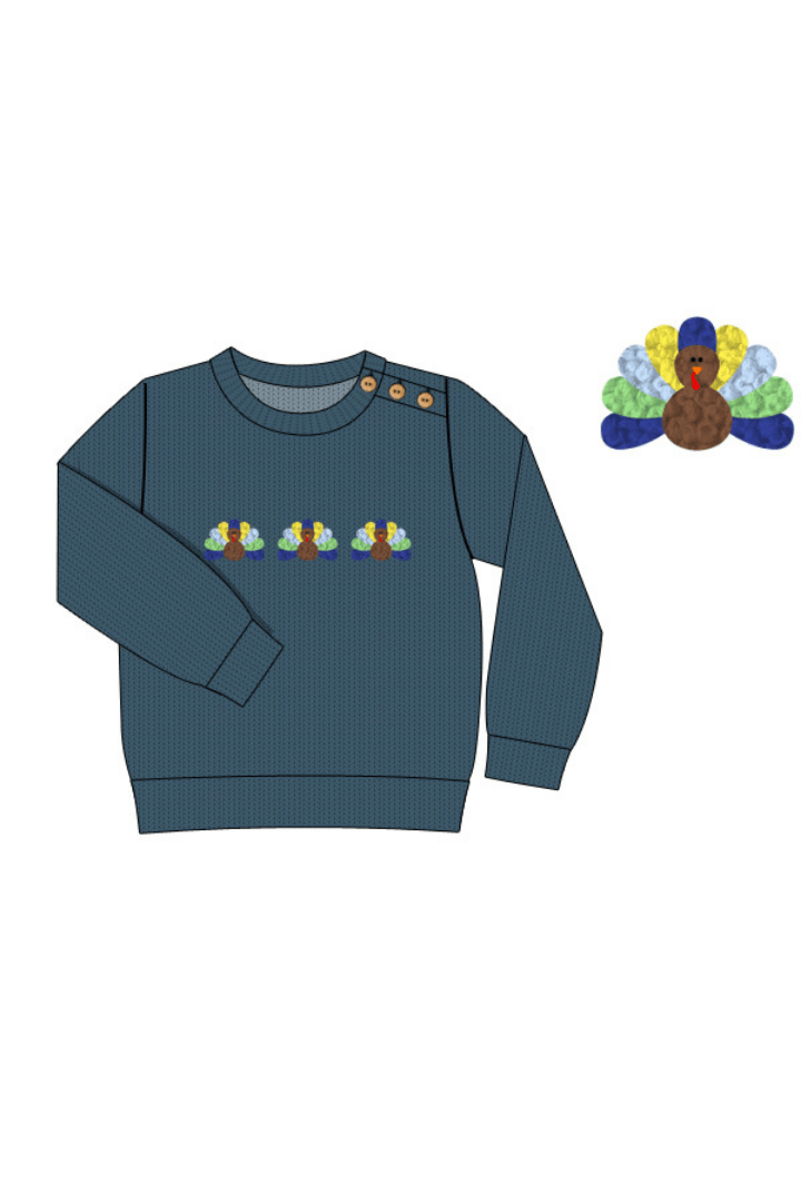 The Smocked Flamingo Apparel & Accessories French Knot Turkey Navy Pullover