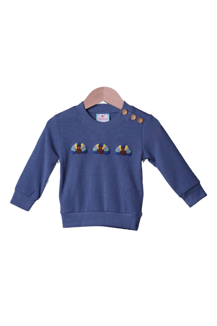 The Smocked Flamingo Apparel & Accessories French Knot Turkey Navy Pullover