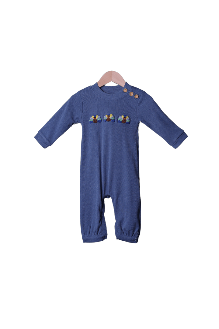 The Smocked Flamingo Apparel & Accessories French Knot Turkey Navy Romper