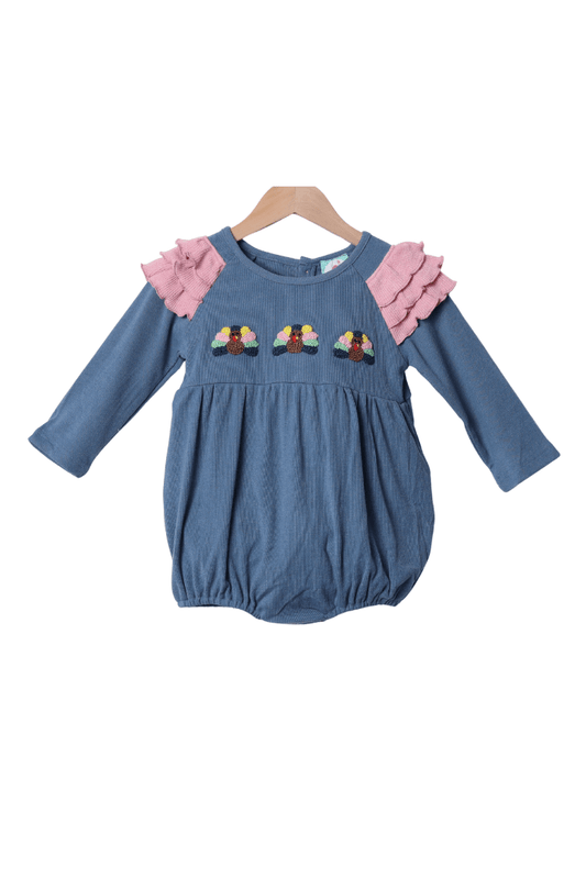 The Smocked Flamingo Apparel & Accessories French Knot Turkey Navy Ruffle Bubble