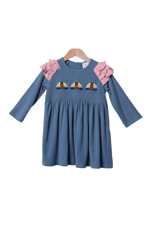 The Smocked Flamingo Apparel & Accessories French Knot Turkey Navy Ruffle Dress