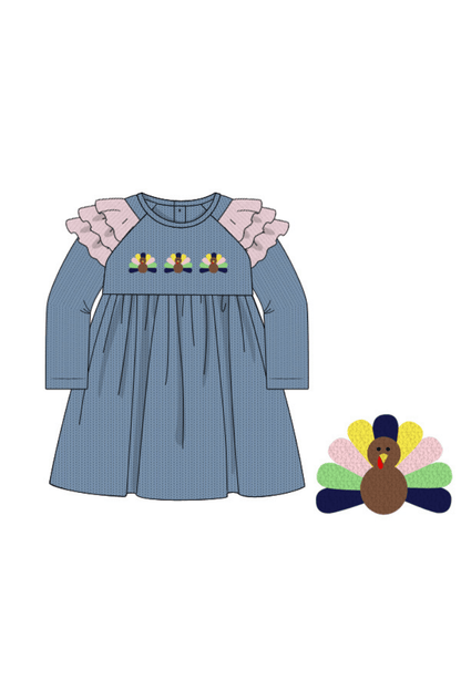 The Smocked Flamingo Apparel & Accessories French Knot Turkey Navy Ruffle Dress