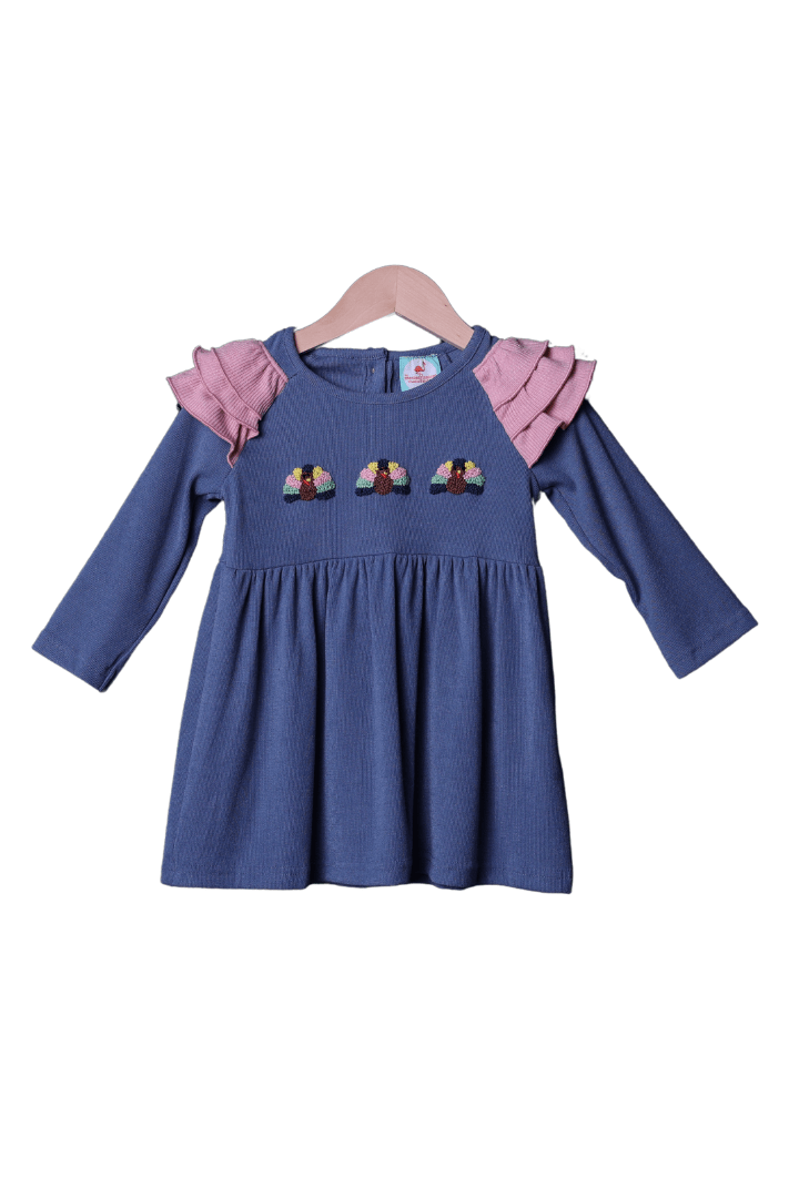 The Smocked Flamingo Apparel & Accessories French Knot Turkey Navy Ruffle Dress