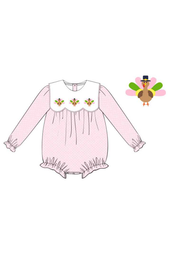 The Smocked Flamingo Apparel & Accessories French Knot Turkey Pink Polka Dot Scalloped Bubble