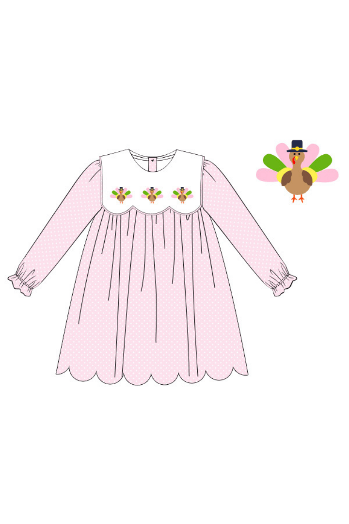 The Smocked Flamingo Apparel & Accessories French Knot Turkey Pink Polka Dot Scalloped Dress