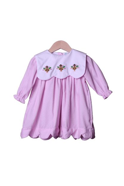 The Smocked Flamingo Apparel & Accessories French Knot Turkey Pink Polka Dot Scalloped Dress