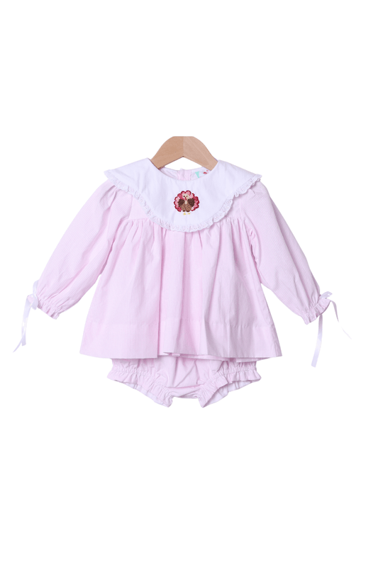 The Smocked Flamingo Apparel & Accessories French Knot Turkey Pink Stripe Bloomer Set