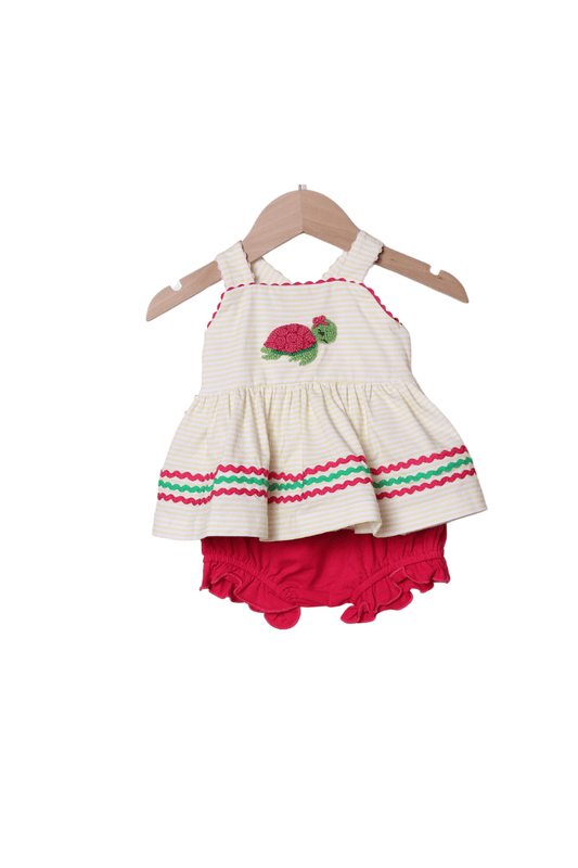 The Smocked Flamingo Apparel & Accessories French Knot Turtle Yellow/Pink Stripe Bloomer Set