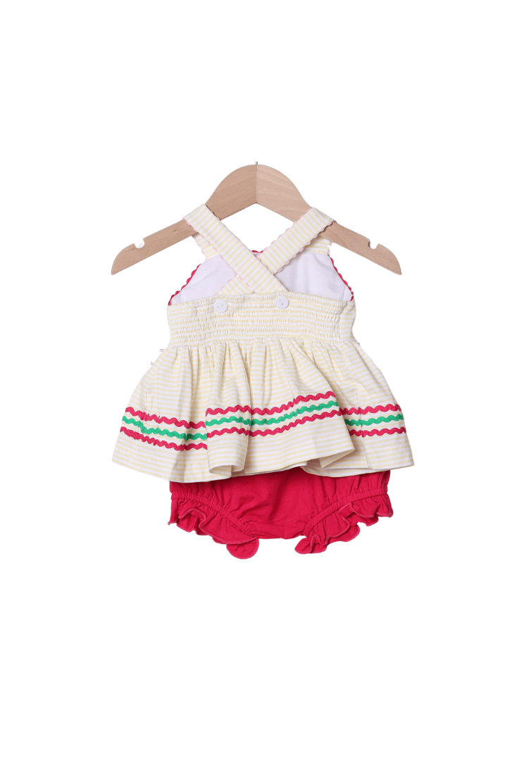 The Smocked Flamingo Apparel & Accessories French Knot Turtle Yellow/Pink Stripe Bloomer Set
