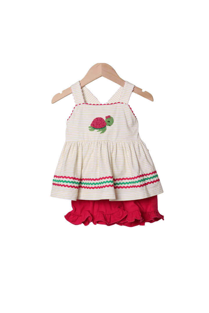 The Smocked Flamingo Apparel & Accessories French Knot Turtle Yellow/Pink Stripe Short Set