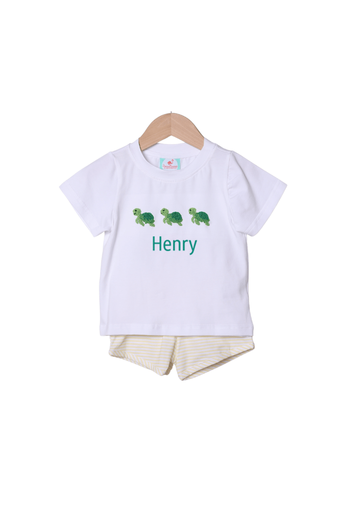 The Smocked Flamingo Apparel & Accessories French Knot Turtle Yellow Stripe Short Set