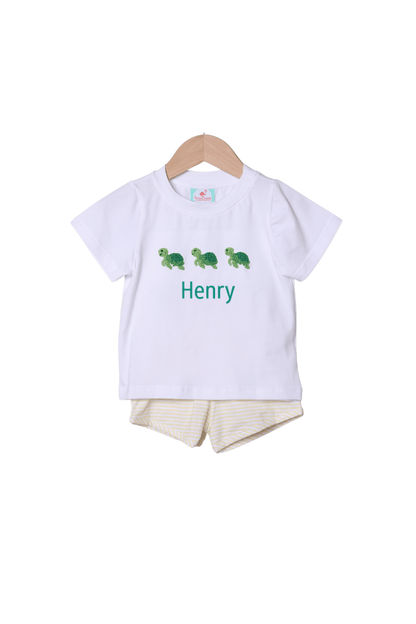 The Smocked Flamingo Apparel & Accessories French Knot Turtle Yellow Stripe Short Set