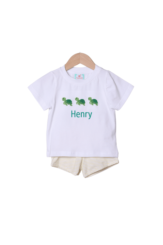 The Smocked Flamingo Apparel & Accessories French Knot Turtle Yellow Stripe Short Set
