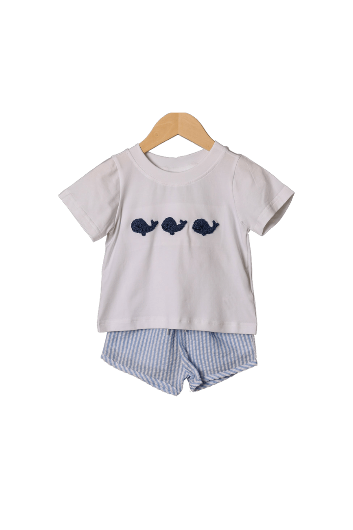 The Smocked Flamingo Apparel & Accessories French Knot Whale Blue Seersucker Short Set