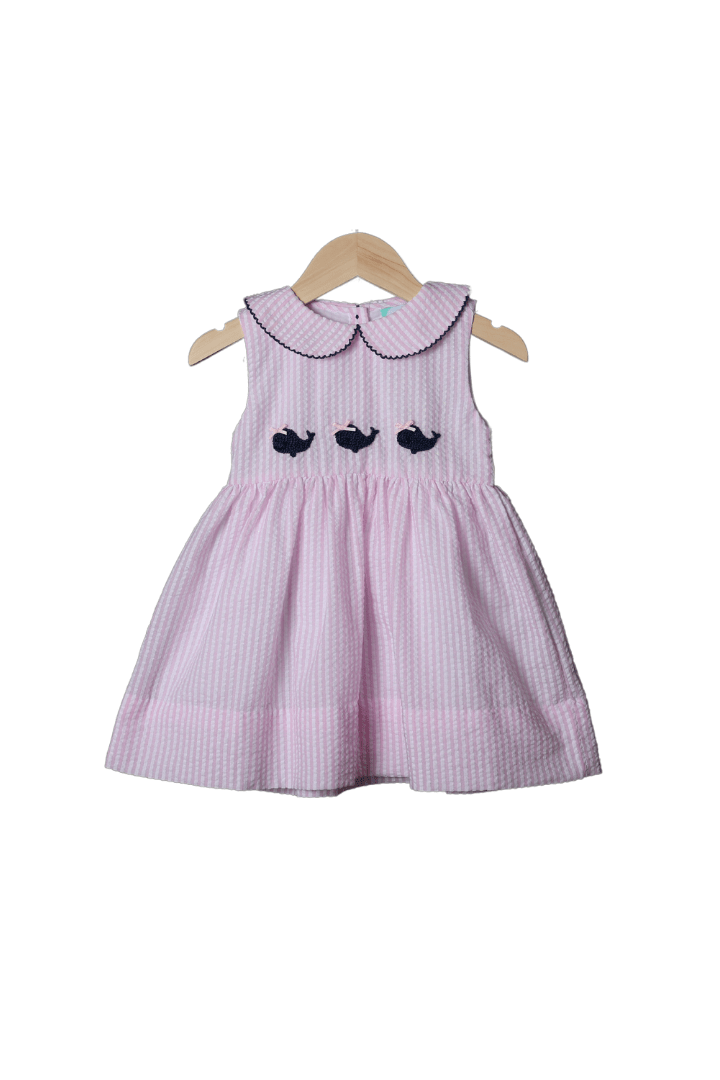 The Smocked Flamingo Apparel & Accessories French Knot Whale Pink Seersucker Dress