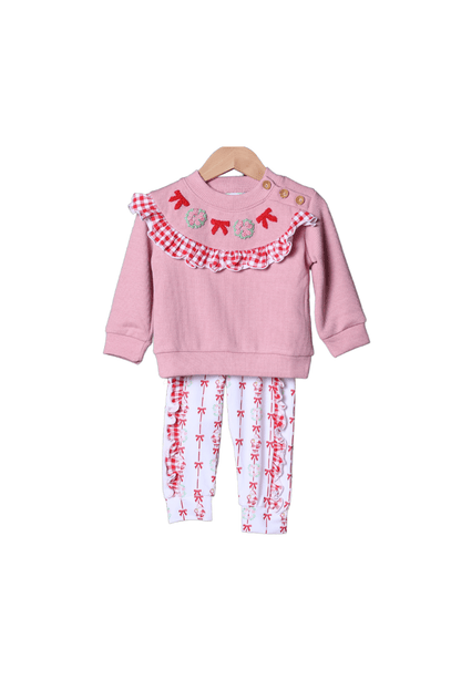 The Smocked Flamingo Apparel & Accessories French Knot Wreath Bow Jogger Set