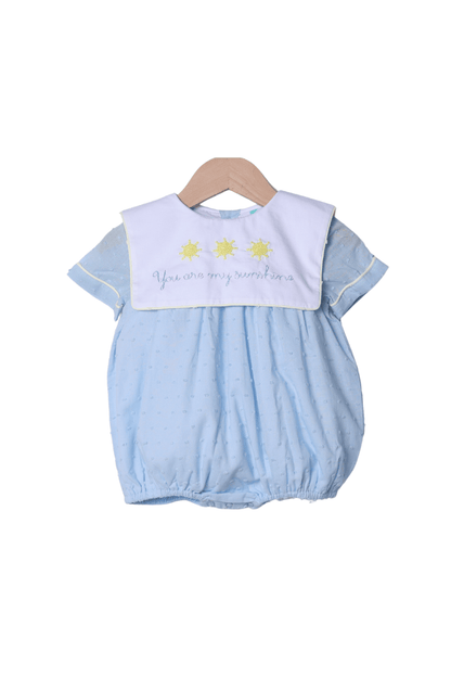 The Smocked Flamingo Apparel & Accessories French Knot You Are My Sunshine Blue Swiss Dot Bib Bubble