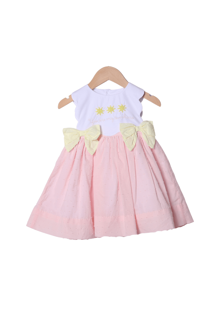 The Smocked Flamingo Apparel & Accessories French Knot You Are My Sunshine Pink Swiss Dot Dress