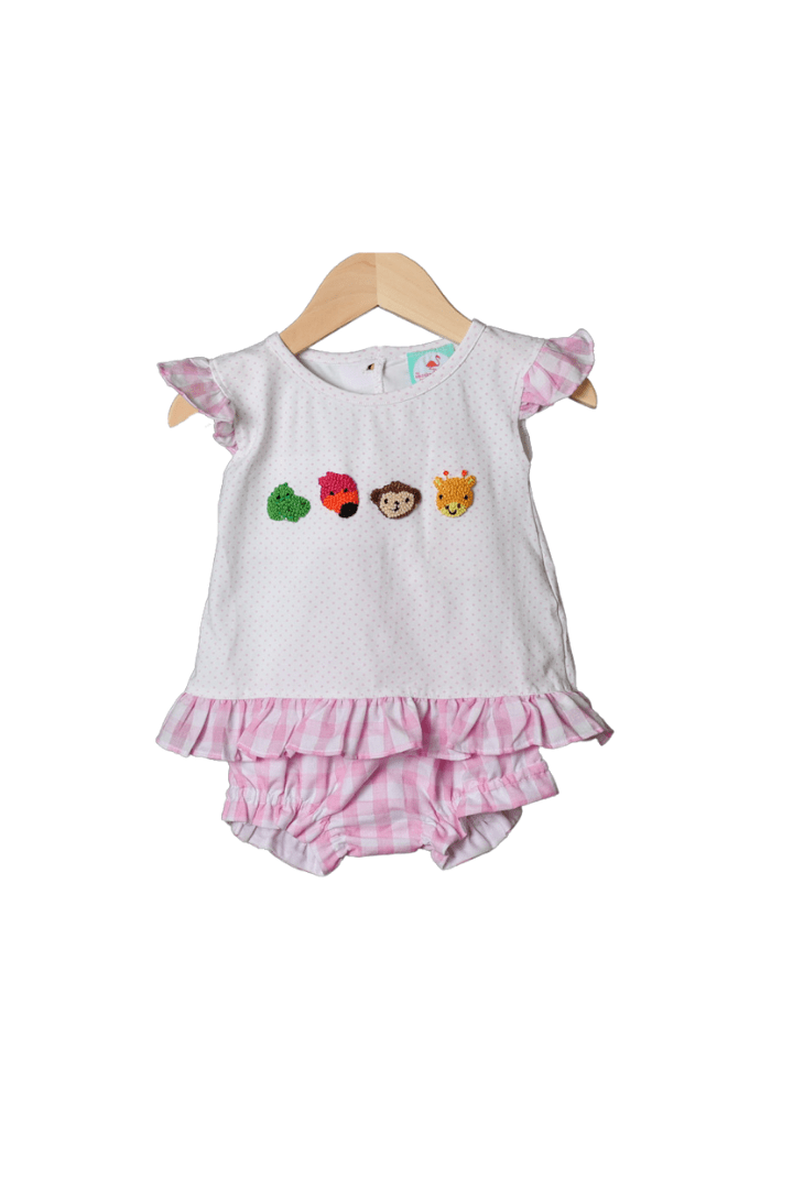 The Smocked Flamingo Apparel & Accessories French Knot Zoo Friends Gingham Bloomer Set