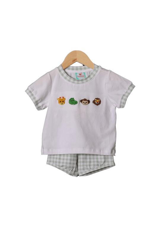 The Smocked Flamingo Apparel & Accessories French Knot Zoo Friends Gingham Short Set