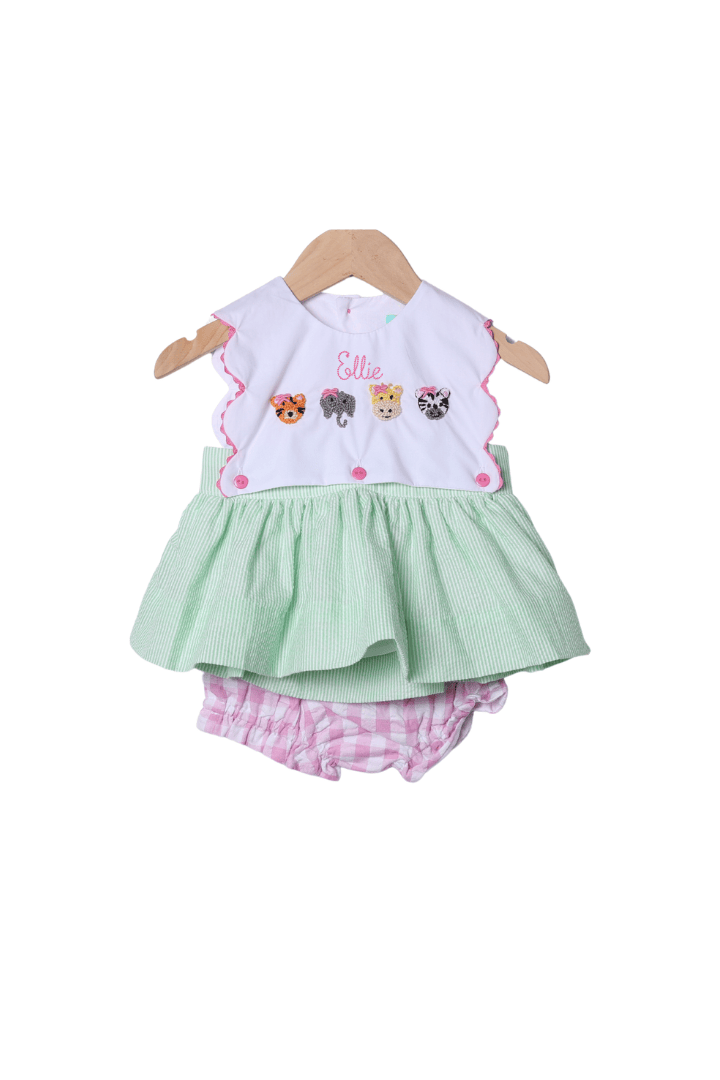 The Smocked Flamingo Apparel & Accessories French Knot Zoo Friends Seersucker Bow Bloomer Set