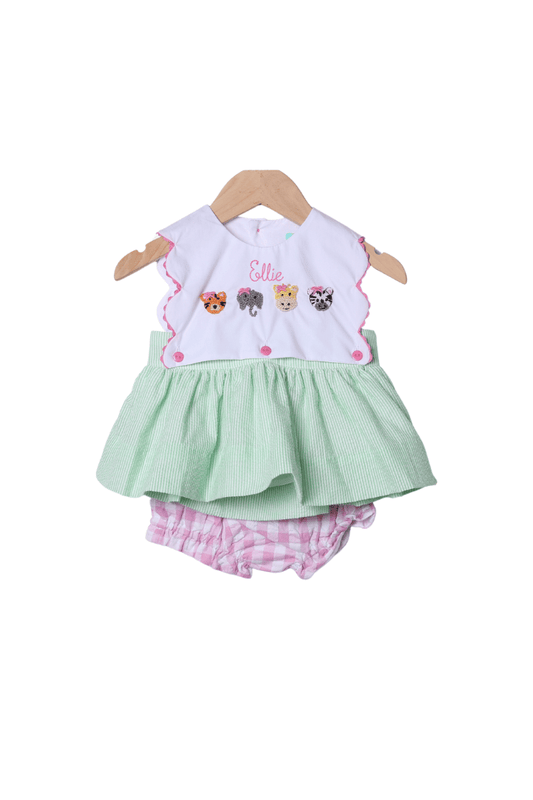 The Smocked Flamingo Apparel & Accessories French Knot Zoo Friends Seersucker Bow Bloomer Set