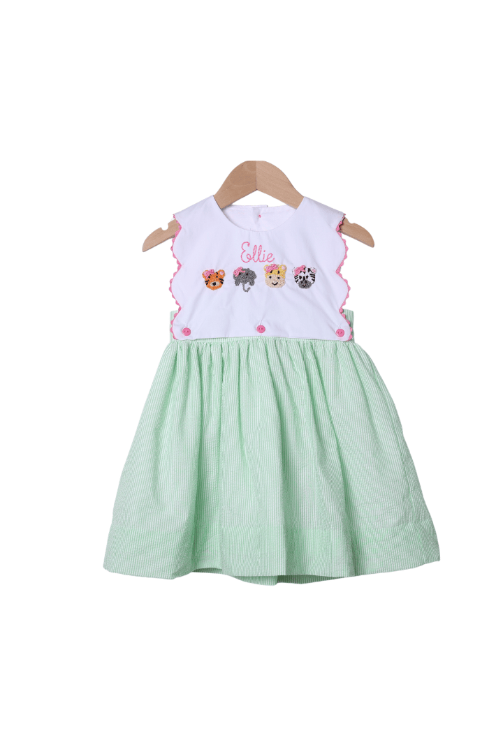 The Smocked Flamingo Apparel & Accessories French Knot Zoo Friends Seersucker Bow Dress