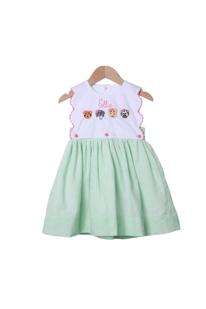 The Smocked Flamingo Apparel & Accessories French Knot Zoo Friends Seersucker Bow Dress