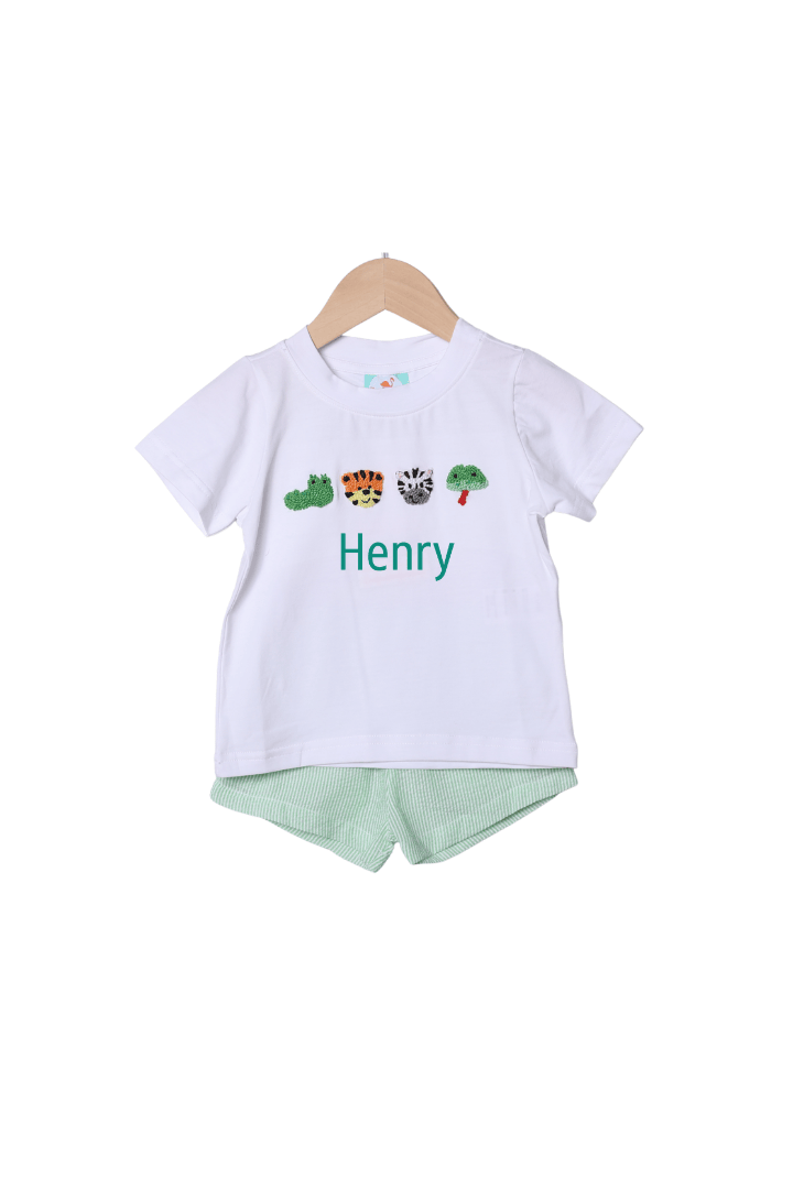 The Smocked Flamingo Apparel & Accessories French Knot Zoo Friends Seersucker Short Set