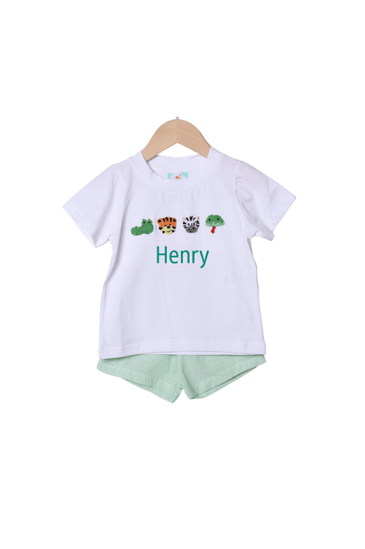 The Smocked Flamingo Apparel & Accessories French Knot Zoo Friends Seersucker Short Set