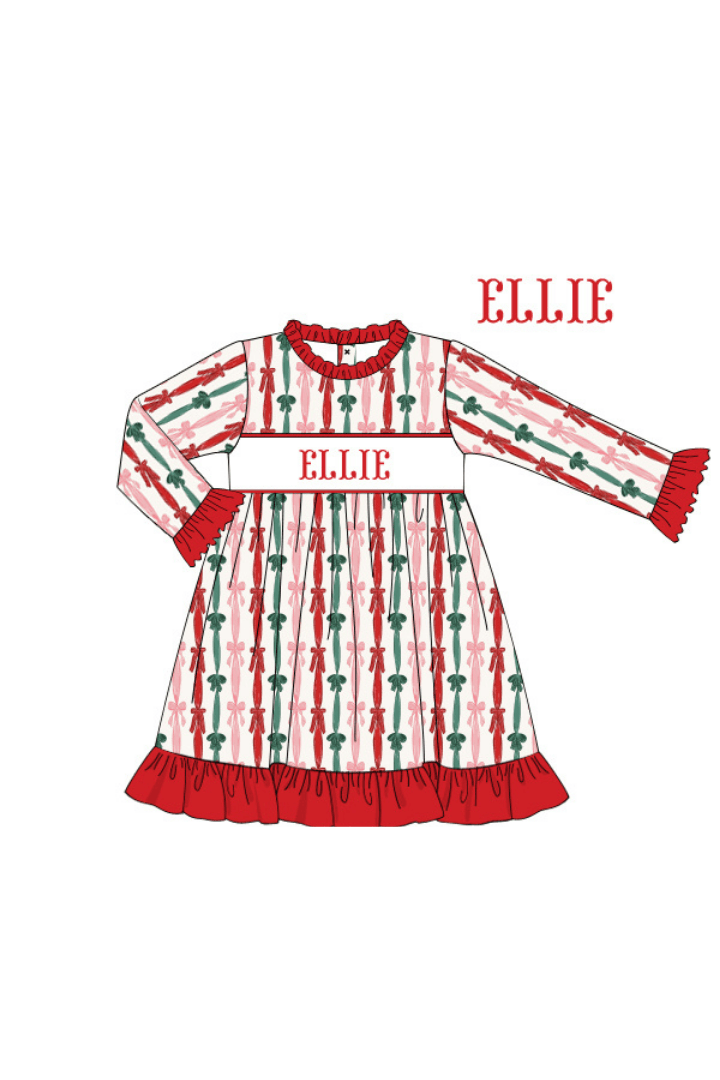 The Smocked Flamingo Apparel & Accessories Gown / 9M Pre-Order Smocked Custom Name Holiday Bows Trimmings