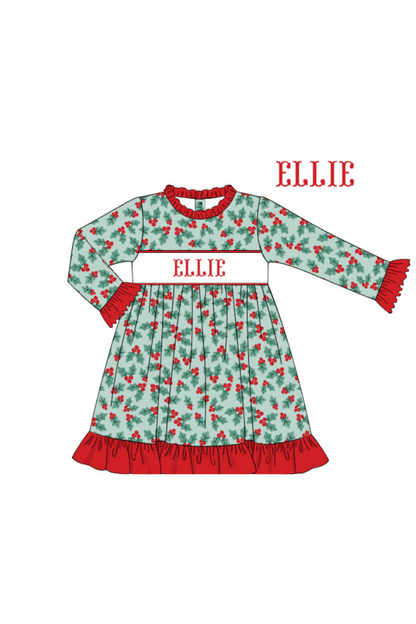 The Smocked Flamingo Apparel & Accessories Gown / 9M Pre-Order Smocked Custom Name Holly Christmas Trimmings