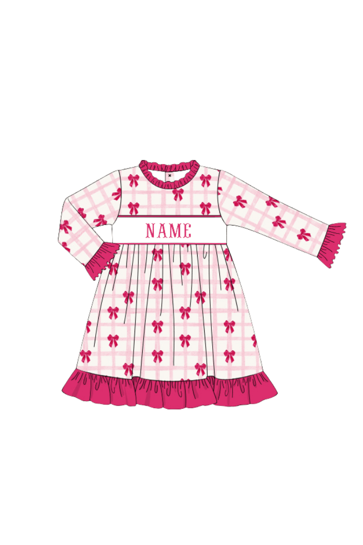 The Smocked Flamingo Apparel & Accessories Gown / 9M Pre-Order Smocked Custom Name Pink Bow Trimmings