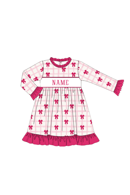 The Smocked Flamingo Apparel & Accessories Gown / 9M Pre-Order Smocked Custom Name Pink Bow Trimmings
