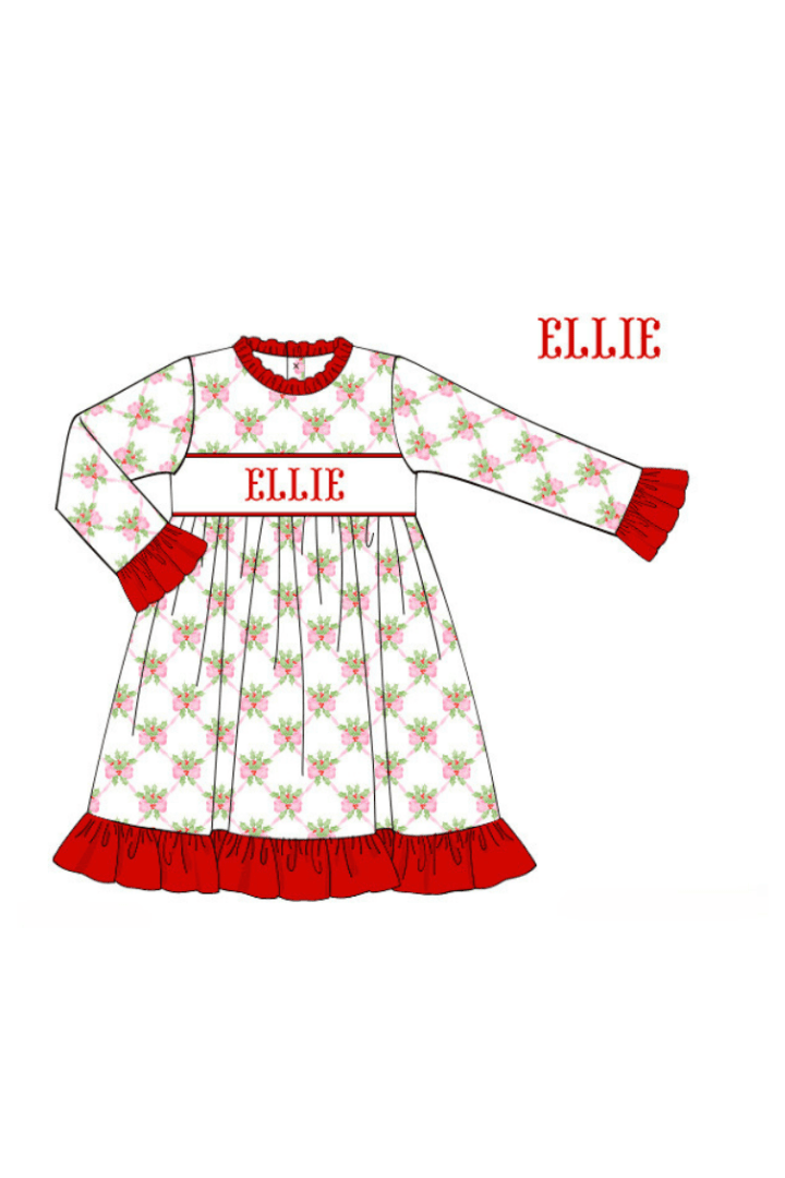 The Smocked Flamingo Apparel & Accessories Gown Pre-Order Smocked Custom Name Sweet Holly Christmas Trimmings