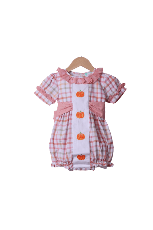 The Smocked Flamingo Apparel & Accessories Hand Emboridered Plaid Pumpkin Bow Bubble