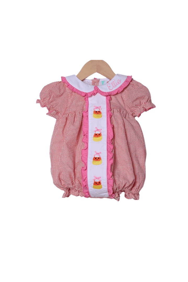 The Smocked Flamingo Apparel & Accessories Hand Embrodiered Candy Corn Orange Gingham Ruffle Bubble