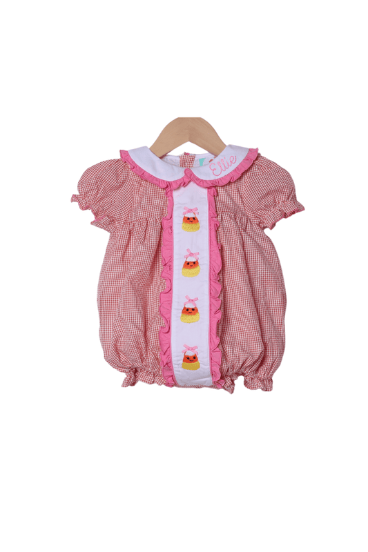 The Smocked Flamingo Apparel & Accessories Hand Embrodiered Candy Corn Orange Gingham Ruffle Bubble