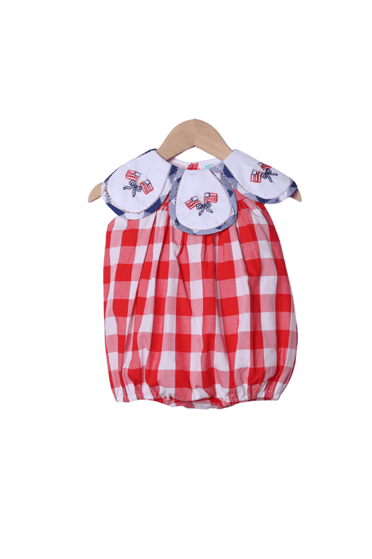 The Smocked Flamingo Apparel & Accessories Hand Embroidered American Flag Red Buffalo Check Tulip Bubble