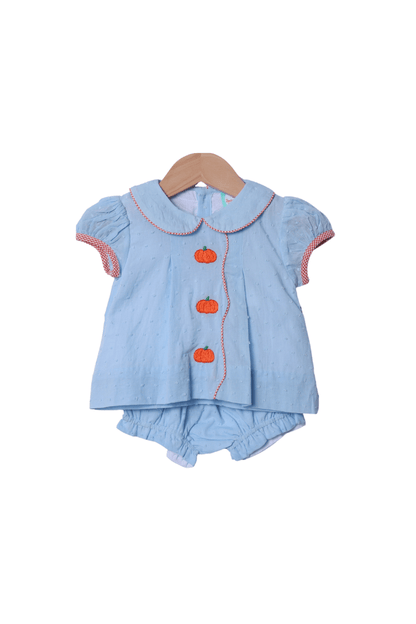 The Smocked Flamingo Apparel & Accessories Hand Embroidered Blue Swiss Dot Pumpkin Bloomer Set