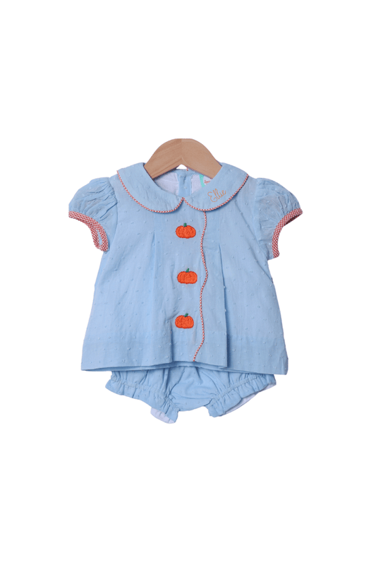 The Smocked Flamingo Apparel & Accessories Hand Embroidered Blue Swiss Dot Pumpkin Bloomer Set