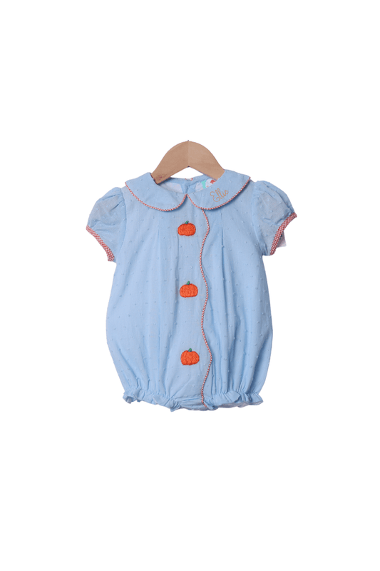 The Smocked Flamingo Apparel & Accessories Hand Embroidered Blue Swiss Dot Pumpkin Bubble